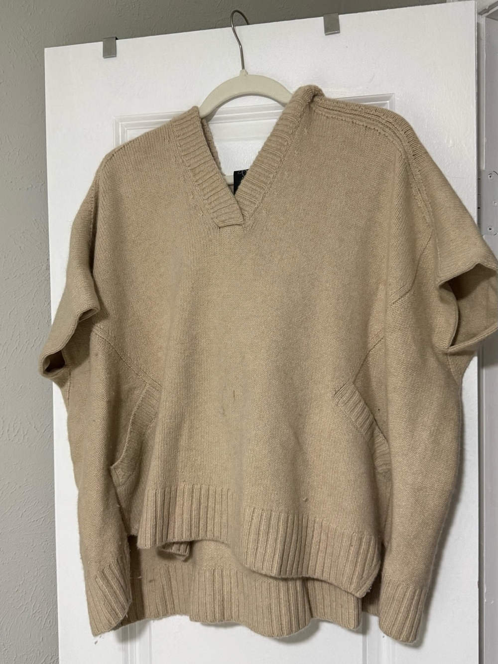 Relaxed V-Neck Knit Poncho Sweater in Neutral Tan